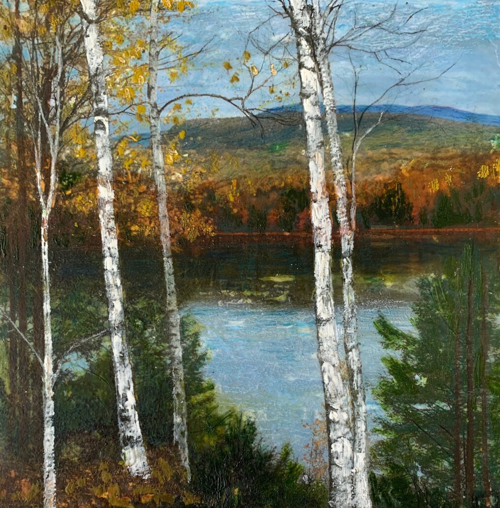 "Lakeside birches", Mt. Moosilauke in the distance, encaustic and mixed media landscape by Stephanie Gordon